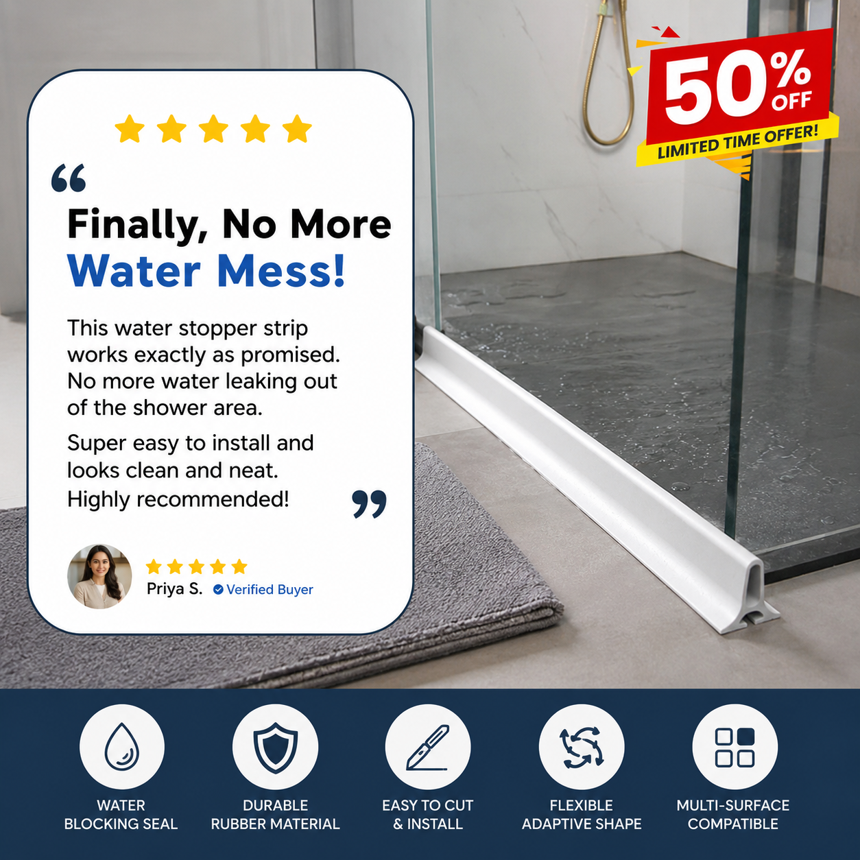 Shower Threshold Water Dam Barrier | Foldable Silicone Water Blocker Tape | 50% Off Only For Today🎇