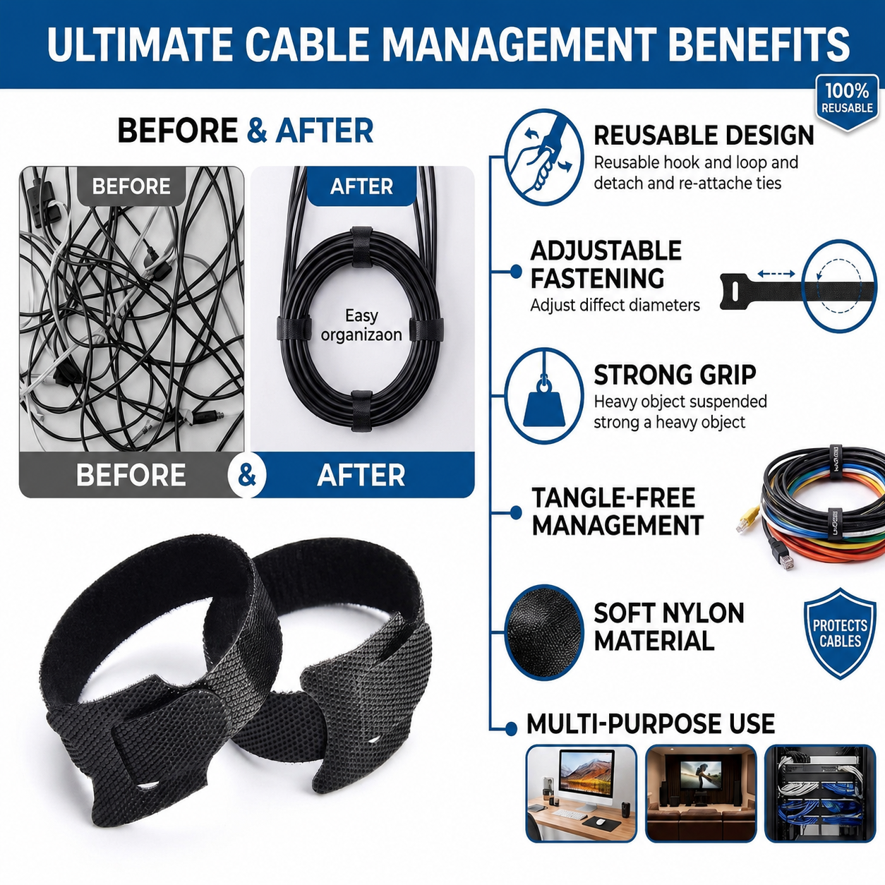 Cable Tidy Pro | Reusable Hook & Loop Straps | Multi-Purpose & Adjustable