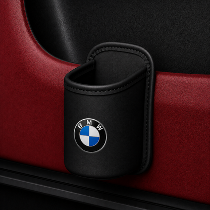 Car door cup holders and seat back storage bags