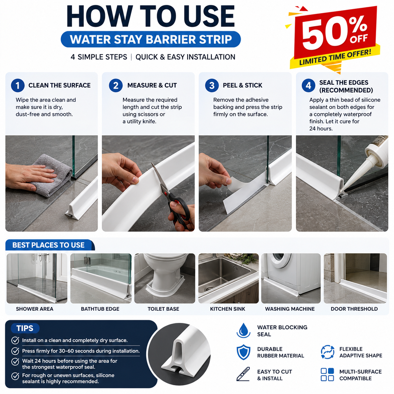 Shower Threshold Water Dam Barrier | Foldable Silicone Water Blocker Tape | 50% Off Only For Today🎇