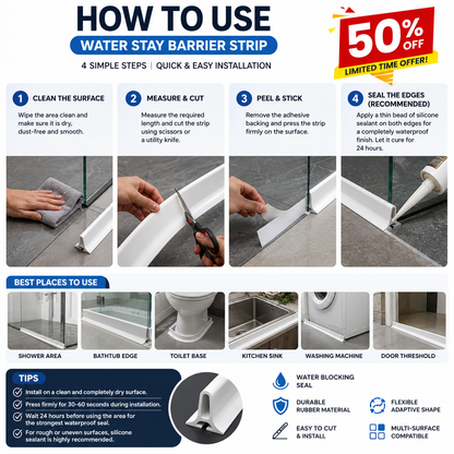Shower Threshold Water Dam Barrier | Foldable Silicone Water Blocker Tape | 50% Off Only For Today🎇