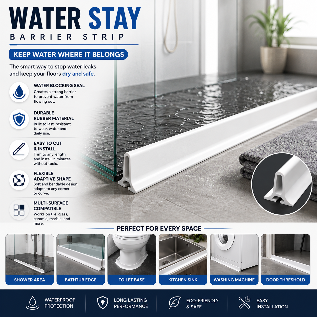 Shower Threshold Water Dam Barrier | Foldable Silicone Water Blocker Tape | 50% Off Only For Today🎇