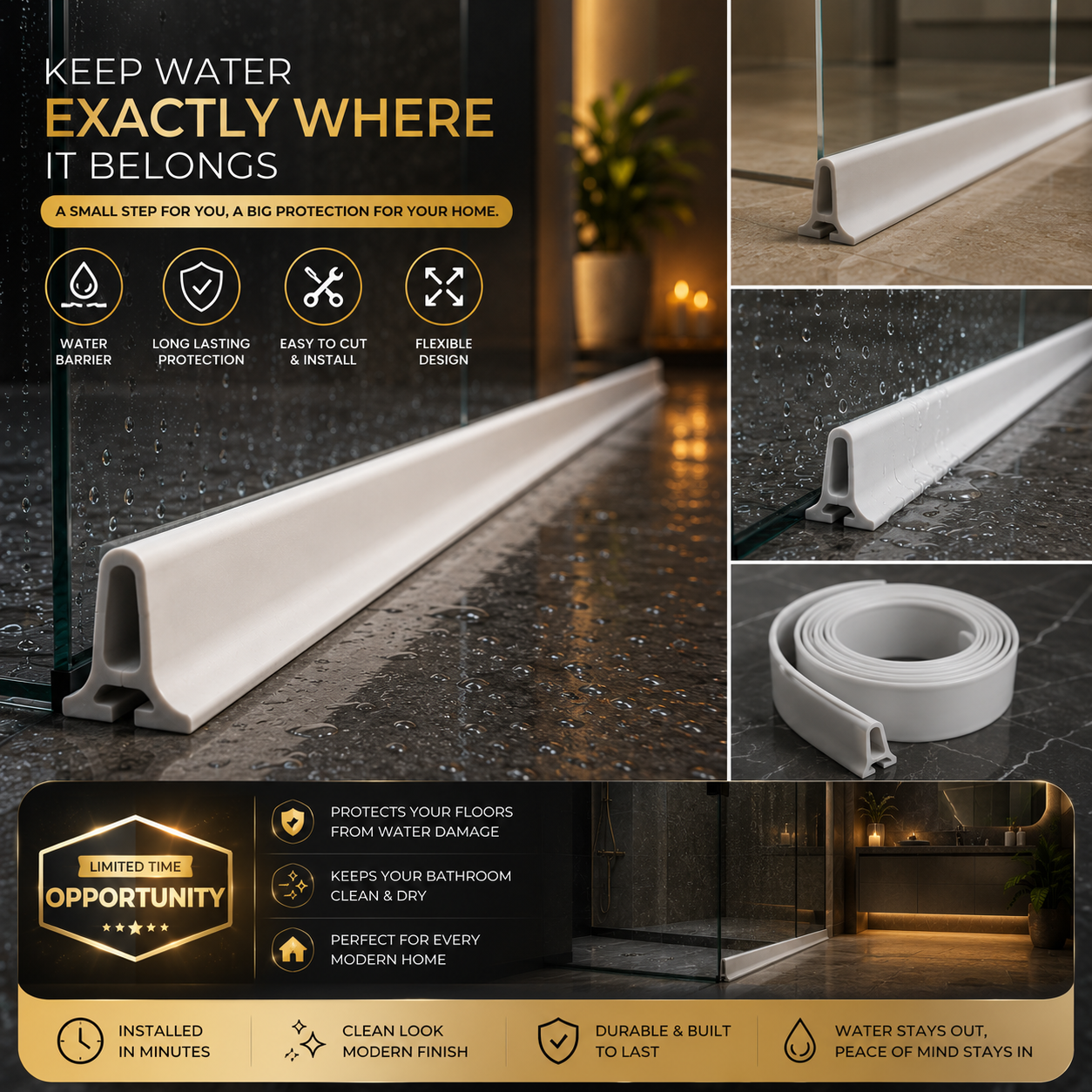 Shower Threshold Water Dam Barrier | Foldable Silicone Water Blocker Tape | 50% Off Only For Today🎇