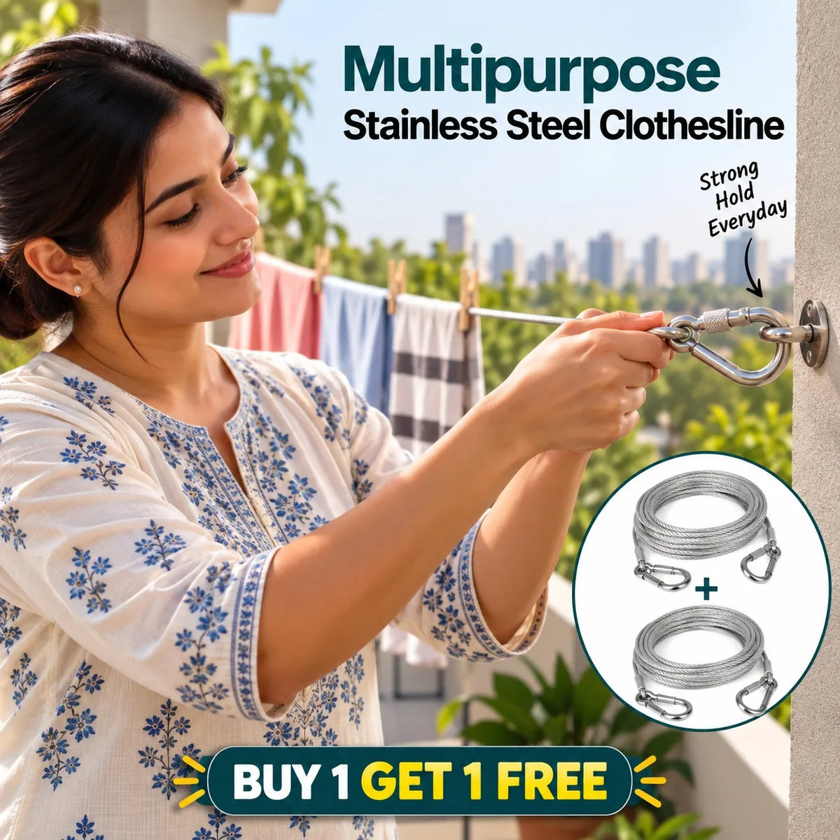 Multipurpose Stainless Steel Clothesline | Heavy-Duty Rope | Buy 1 Get 1 Free🔥