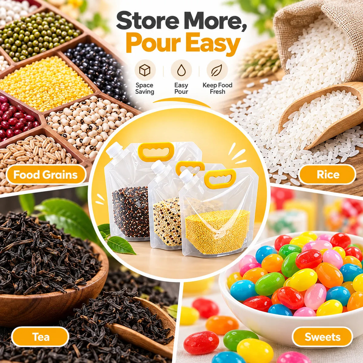 Reusable Kitchen Storage Pouches | Airtight & Easy Pour Design | 70% OFF 🔥
