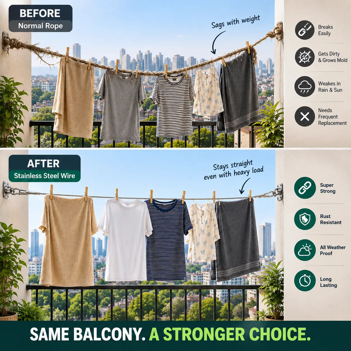 Multipurpose Stainless Steel Clothesline | Heavy-Duty Rope | Buy 1 Get 1 Free🔥