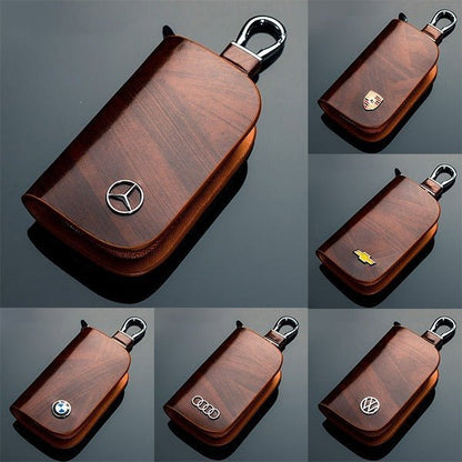 Car Logo Leather Wood Texture Car Key Case